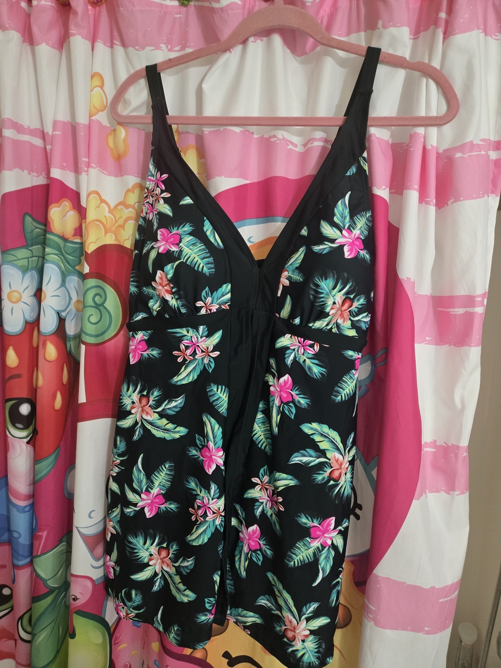 Girls Black Tropical Floral One-Piece Swimsuit with Pink Accents